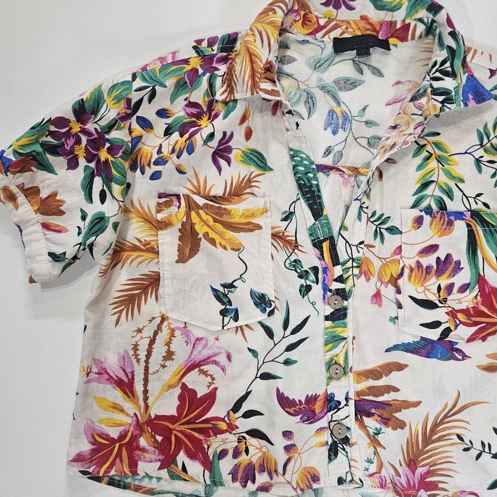 Rachel Roy Linen Top Womens Small White Multicolor Tropical Floral Button Down - Picture 3 of 6